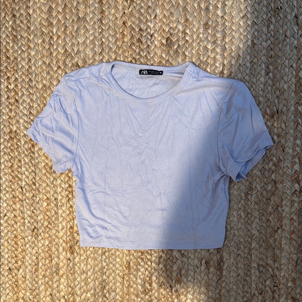 Zara Blue Fitted Crop T-Shirt Short Sleeve